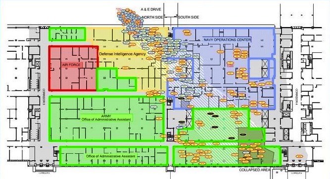 Plan des dégâts dans l'anneau. Les ellipses jaunes représentent les victimes du personnel du Pentagone, les ellipses/cercles bleues les corps/morceaux de corps de passagers/membres d'équipage.
