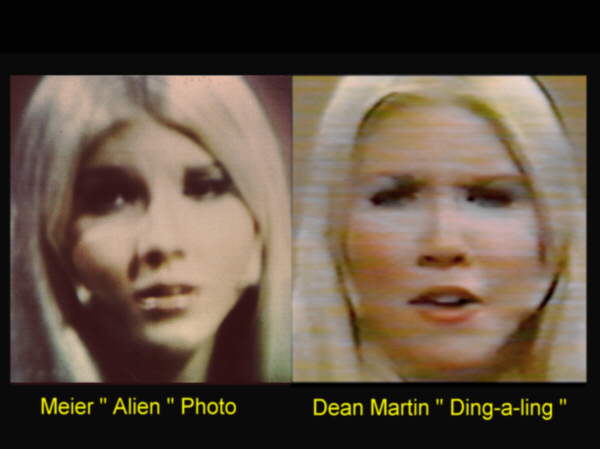 A gauche une photo prétendue de Asket, à droite Michelle DellaFave, une actrice de l'émission      "Ding-a-ling" de Dean Martin de Noël 1970 s1Payton, J.: "Paranormal            Expert Erskine Exposes Meier Cult", 14 juillet 1998 s2"Asket            and Nera Photo Deconstruction", IIG, 2011