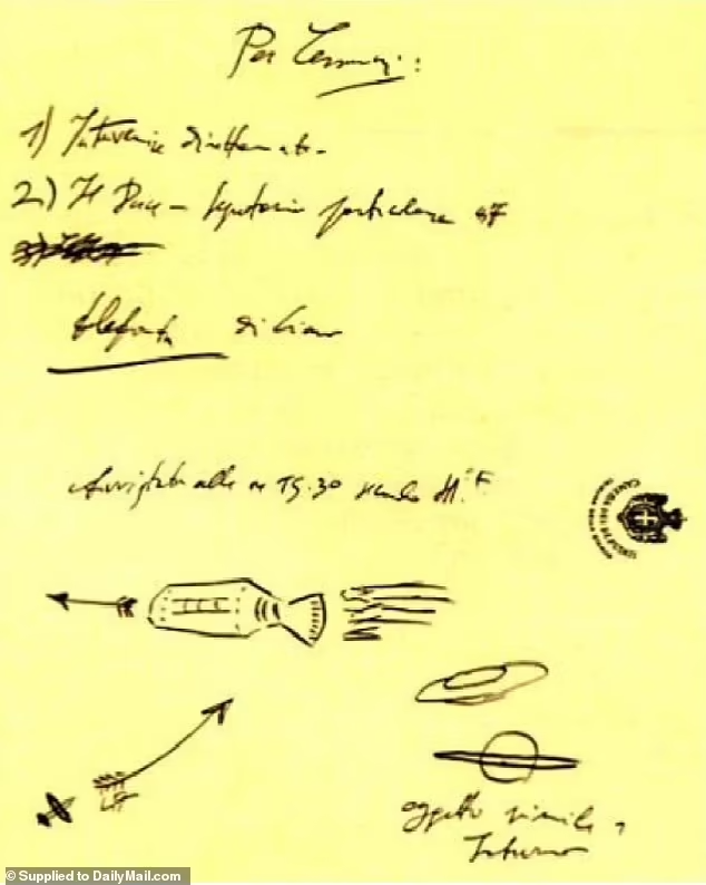 Le croquis qui accompagnait une lettre manuscrite (datée le samedi 22 août 1936) reçue par Pinotti,    décrivant un appareil cylindrique avec des ouvertures sur les côtés et des lumières blanches et rouges observées    au-dessus de l'Italie du nord