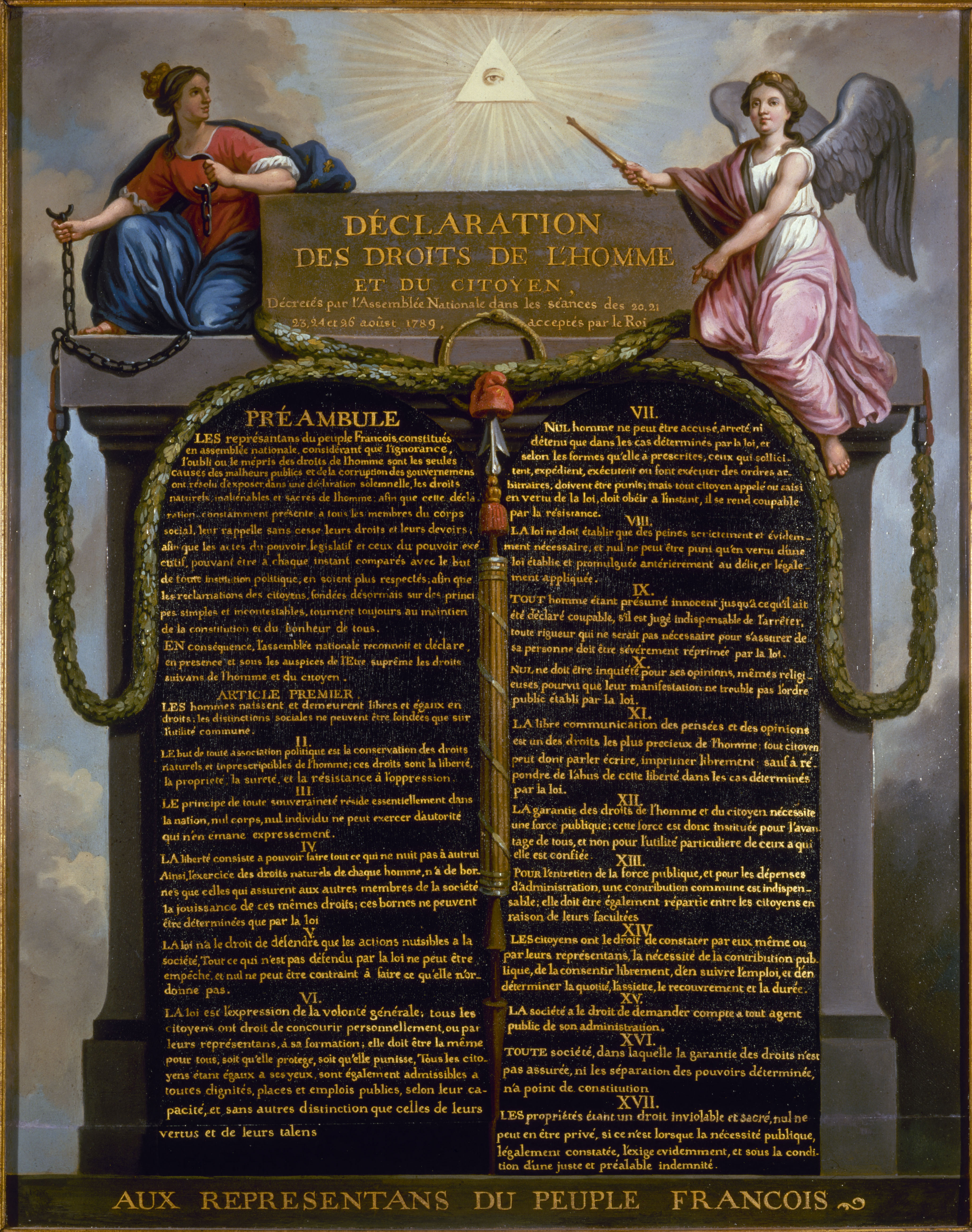 Panneau d'époque révolutionnaire réalisé par Jean-Jacques-François Le Barbier (contemporain de la    Révolution). La France (à gauche) a brisé ses fers&nbsp;; La Loi (à droite) montre d'une main les droits de l'Homme et,    de l'autre, l'œil suprême de la Raison, venue dissiper les nuages de l'erreur. s1Déclaration des droits de l'homme et du citoyen. | Musée Carnavalet - Histoire de Paris,