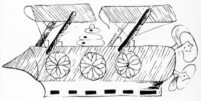 Un des mystérieux aéronefs qui survolèrent les États-Unis en lundi 19 avril 1897. Le témoin qui dessina      l'étrange vaisseau prétendit même avoir pu s'entretenir avec les occupants.