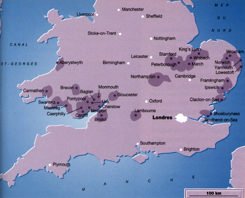 Principaux lieux d'observation des 'aéronef' en Angleterre