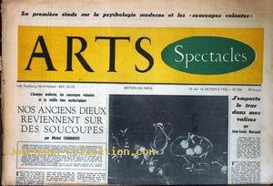 Arts du 10 octobre, titrant sur 'la psychologie moderne des soucoupes volantes' : Nos anciens dieux reviennent sur des soucoupes par M. Carrouges