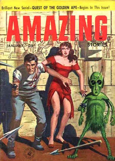 couverture du n° de amazing stories de ce mois-ci, montrant un 'petit homme
           vert'