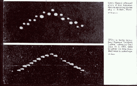 OVNIs en formation de combat ? Les fameuses "lumière de Lubbock" prises par Carl Hart, 18 ans, en        1951, furent plus lumineuses sur le film qu'à l'œil nu s3UPI.