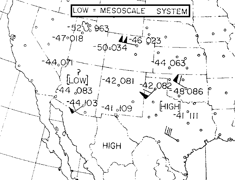 Figure 10 - Carte météo synoptique - Graphe de pression constante, 300 mb, M. S. I. de près de 30 000 pieds - le mardi 27 03 h    s1Image des USA recadrée pour n'inclure que les données météo