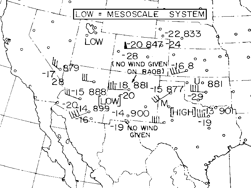 Figure 11 - Carte météo synoptique - Graphe de pression constante, 500 mb, M. S. I. de près de 19000 pieds - le mardi 27 03 h    s2Image des USA recadrée pour n'inclure que les données météo