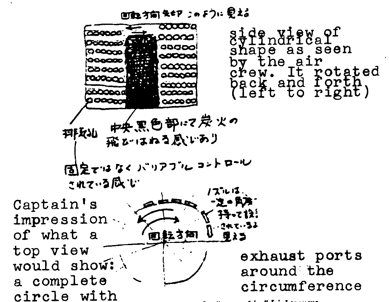 Figure 9: Pilot's sketch of side and top views of a 'spaceship'. Lights were moving to left and right as indicated by arrows.