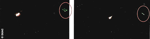 2 photographies de la 'rentrée partielle' du satellite Molniya, prises le 14 décembre 2001 par un passager du vol officiel péruvien revenant de Colombie