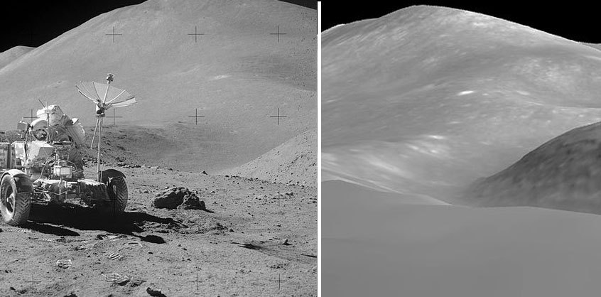 Comparaison d'une photographie d'Apollo 15 et des données        3D de la sonde Sélène